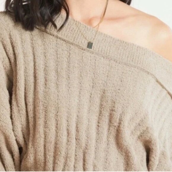 Free People Cabin Fever Fuzzy Boat Neck Off The Shoulder Pullover Tan Oatmeal - Picture 3 of 3